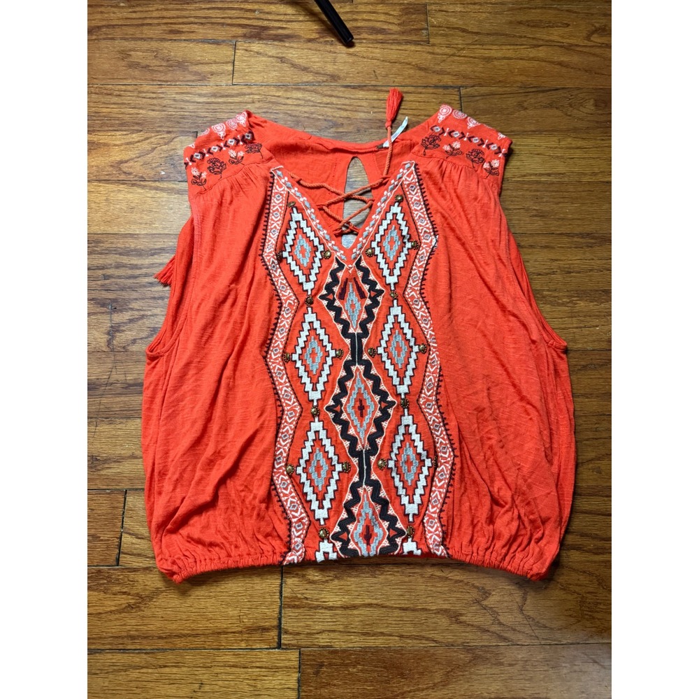 Free People Orange Embroidered Tassel Boho Sleeveless Blouse XS